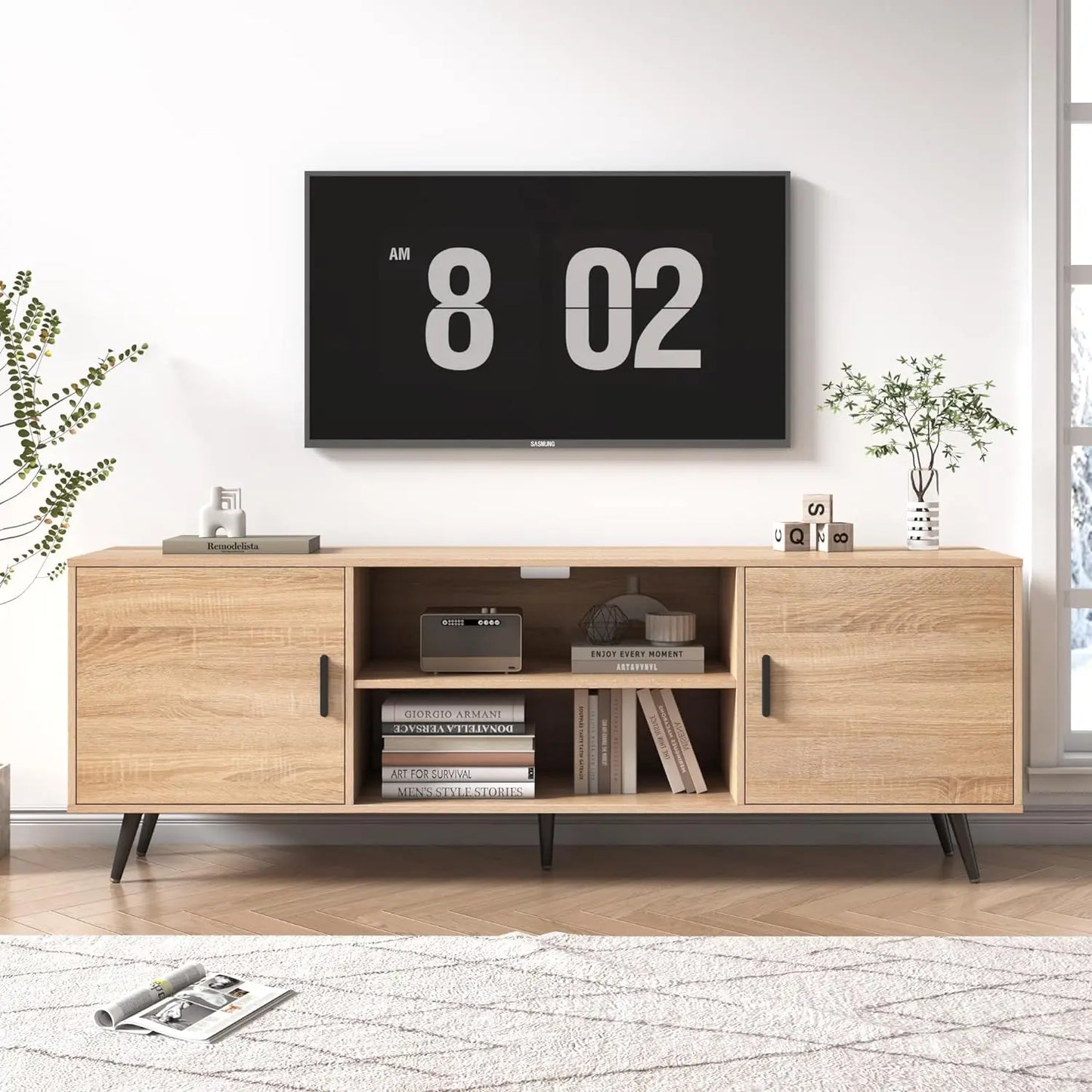 70 Inch Mid Century Modern TV Stand for 75 Inch TV, Wood TV Stand with Storage, Entertainment Center for Living Room Bedroom,
