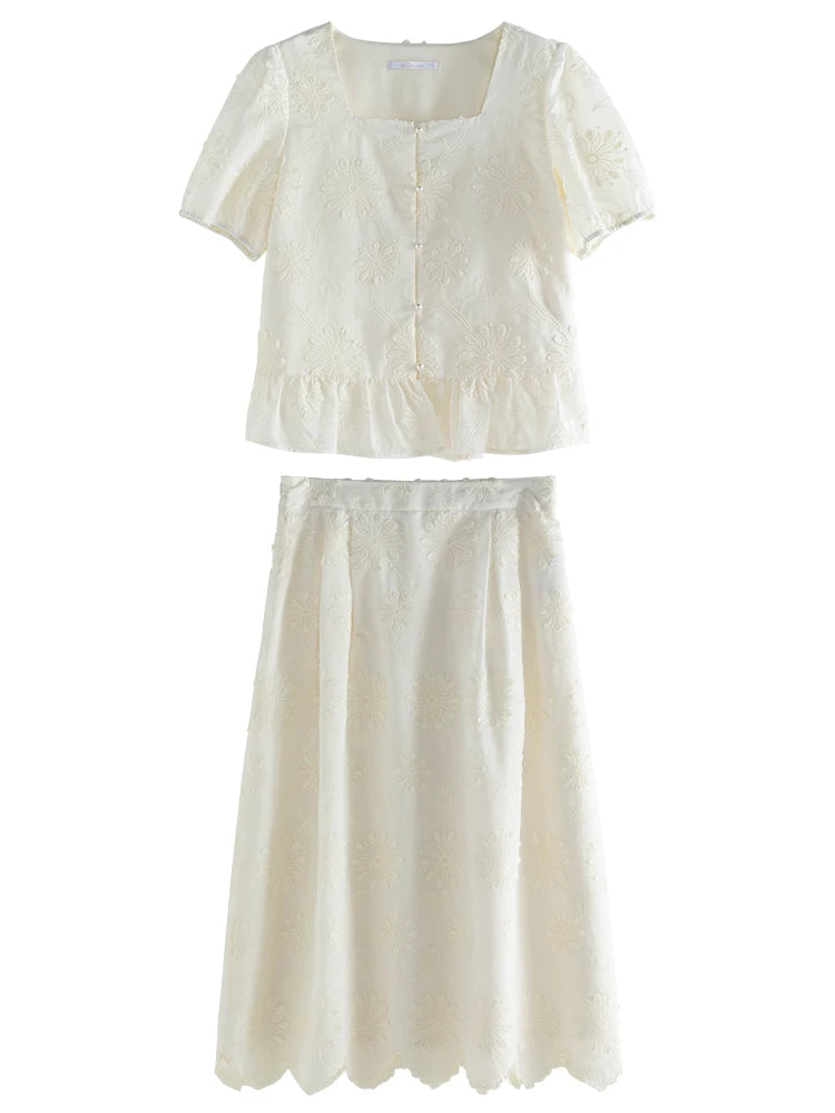 DUSHU Women's French Sweet Style Embroidered Suit Summer New  Top Skirt 2024 New Versatile Casual Suit 24DS82804 24DS82805