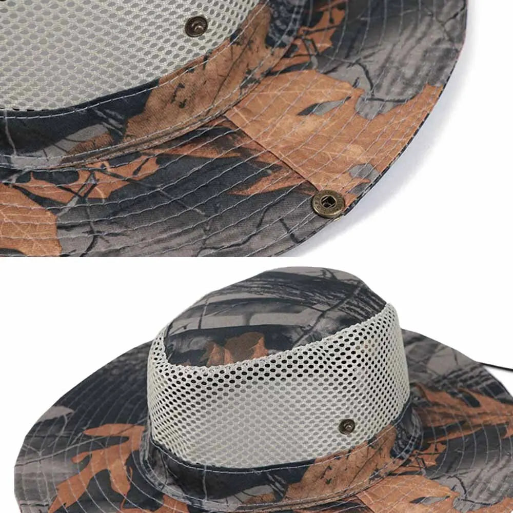 Outdoor Sunhat Hunting Fishing Cap Outdoor Wide Brim Sun Cap Mesh Breathable Camouflage leaves Hat Man Sun Cap
