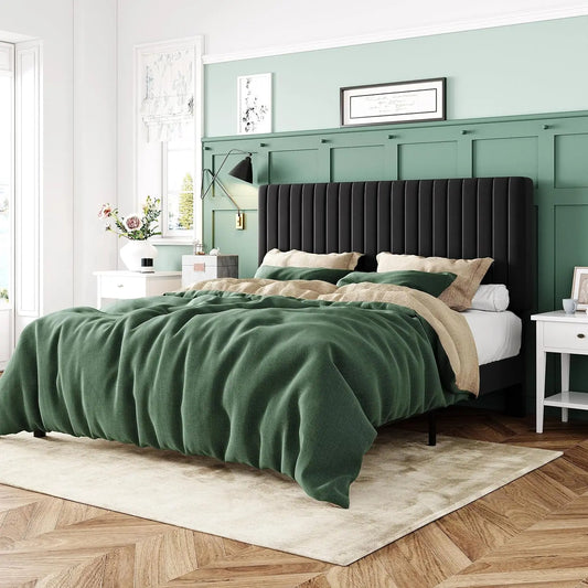 Queen Bed Frame, Velvet Upholstered Platform Bed With Vertical Channel Tufted Headboard, Mattress Foundation With Strong Wooden