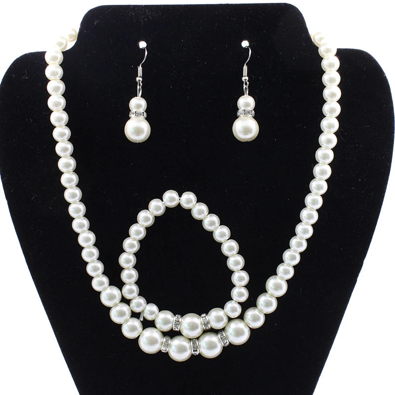 Fashion Jewellery Diamonds Rhinestones Pearls Necklace Bracelet Earrings Set Ladies Party Wedding Jewellery