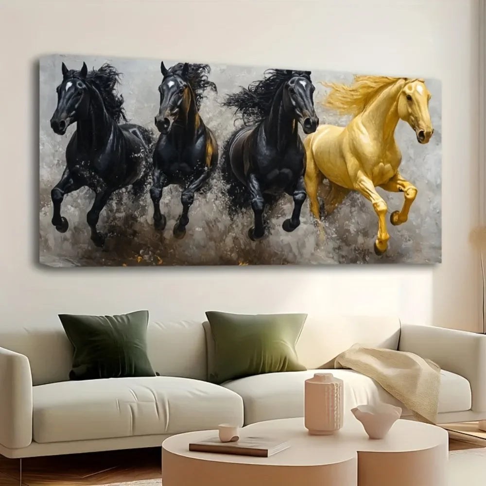 Elegant 1.5 "thick pine frame canvas art - Majestic Eight running horses oil painting, modern American decorative style