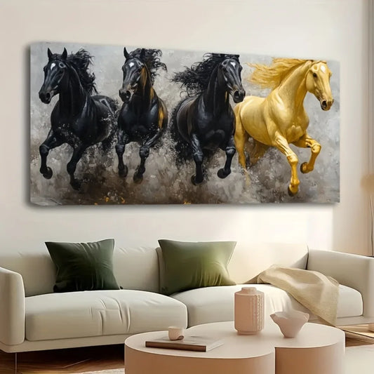 Elegant 1.5 "thick pine frame canvas art - Majestic Eight running horses oil painting, modern American decorative style