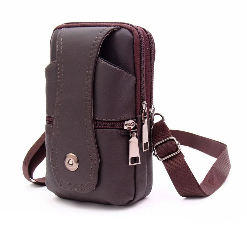 Men's Messenger Bag Cowhide Leather Bag Mobile Phone Pouch Pocket Wallet Male Small Travel Waist Bag Multi-Pockets Chest Bag