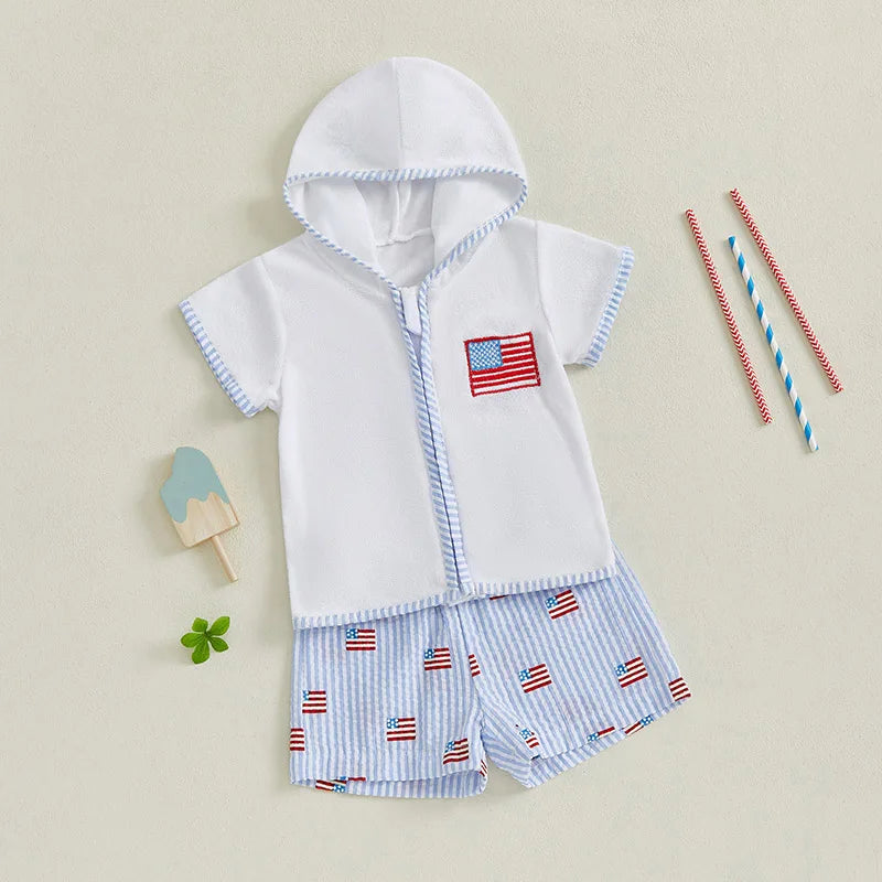 Baby Boy 4th of July Outfits Short Sleeve Zip Up Hooded Tops + Shorts Set Toddler Clothes