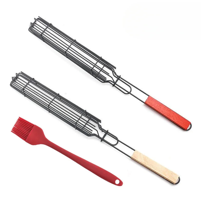 Barbecue Grill Stainless Steel Non-Stick Grill Basket with Handle BBQ Roast Rack for Home Outdoor Picnic Kitchen Dining Tools