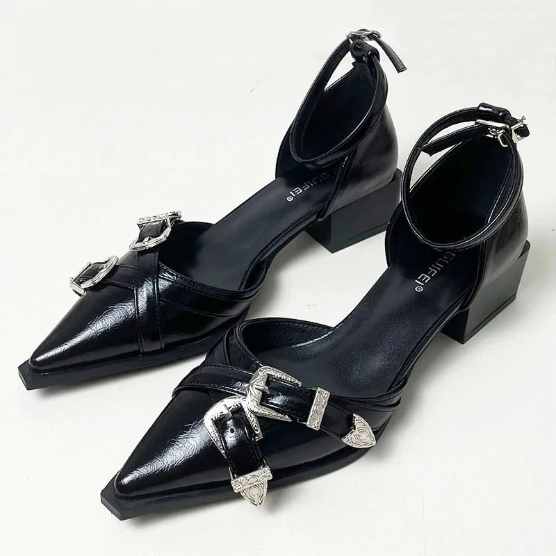 Women High Heels Shoes Ladies Sandals 2025 Pointed Toe Shallow Footwear Thick-Heeled Female Ankle Strap Shoes Fashion Pumps