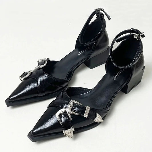 Women High Heels Shoes Ladies Sandals 2025 Pointed Toe Shallow Footwear Thick-Heeled Female Ankle Strap Shoes Fashion Pumps