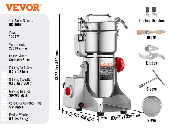 VEVOR 150-2500g Electric Grain Mill Grinder Commercial Swing Spice Grinders for Dry Herbs Grains Spices Cereals Coffee Corn