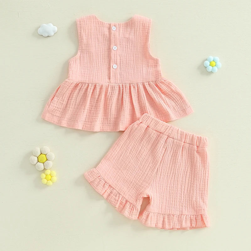 2024-12-24 Lioraitiin Toddler Baby Girl Summer Clothes Solid Color Bow Round Neck Tank Tops + Elastic Waist Ruffled Shorts Set