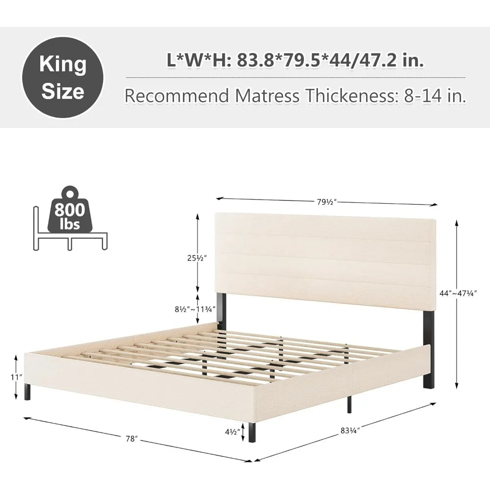 Bed Frame, Modern Upholstered Bed Frame King with Adjustable Linen Headboard, Wooden Slats Support Platform