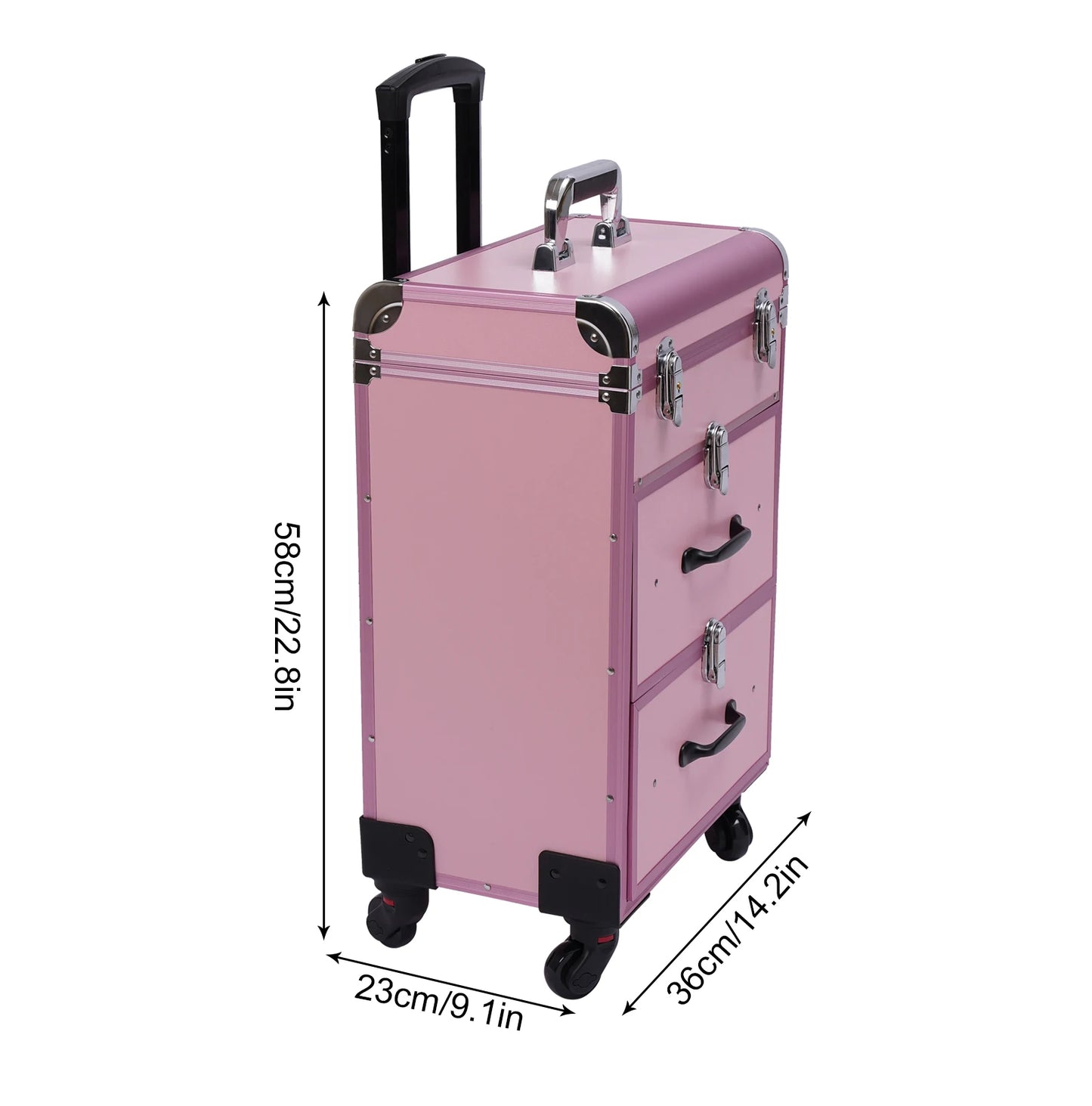 3 Layers Professional Makeup Rolling Train Case w/ 2 Drawers Make-up Traveling Case Trolley on Wheels Cosmetic Organizer w/Locks
