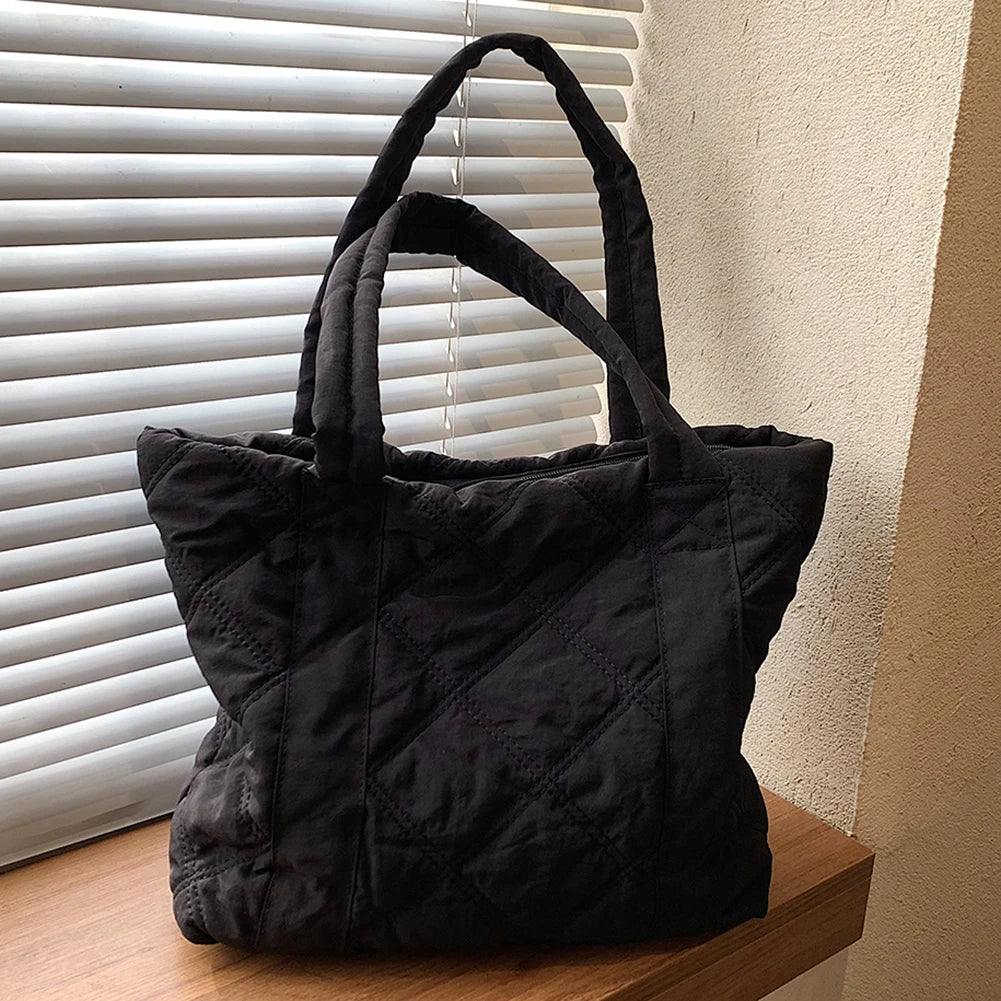 Ladies Diamond Lattice Bag Large Capacity Padding Top Handle Bag Solid Color Quilted Padded Bag Stylish Shopping Bag