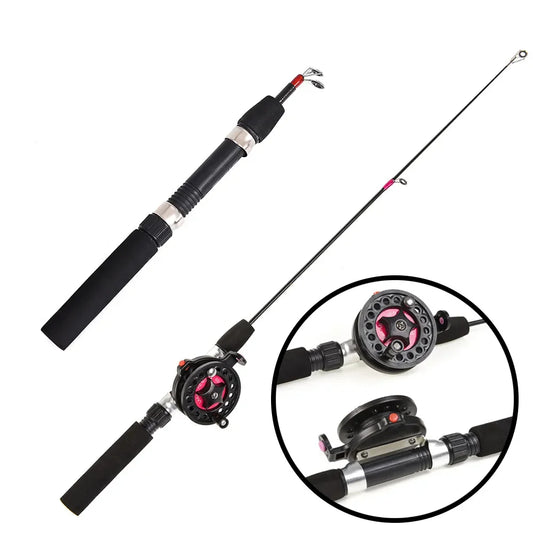 Winter Ice Fishing Rod with Reel Outdoor Fishing Mini Feeder 2 Sections Telescopic Fishing Pole Wheel Tackle Rod Combo Set