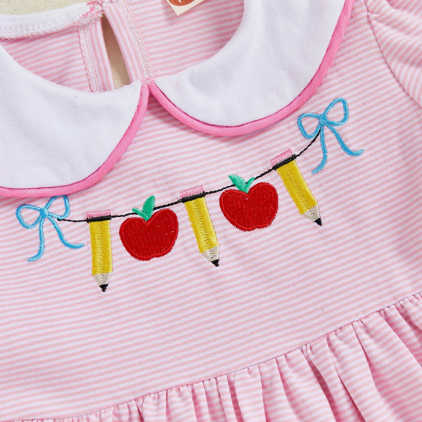 Girl Back to School Dress Striped Apple Pencil Embroidered Doll Collar Short Sleeve A-line Dress Cute Toddler Summer Clothes
